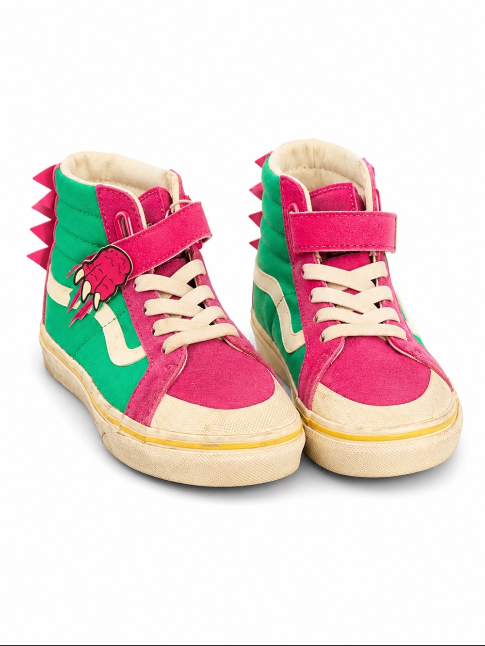 Vans Dino High Top Sneakers Pink Green Velcro Lace Youth 1.5